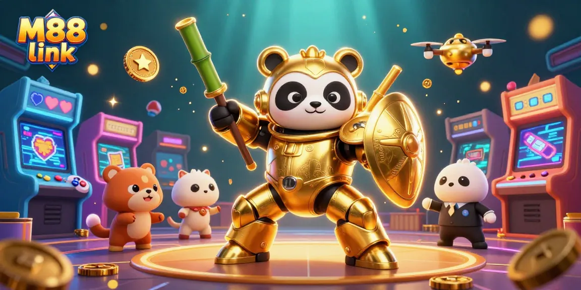 Engage with M88 link in an action-packed gambling scene featuring a golden panda mech!
