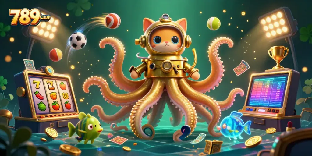 Engage with 789CLUB's thrilling gaming world featuring a colossal kraken and adventurous diving cat.