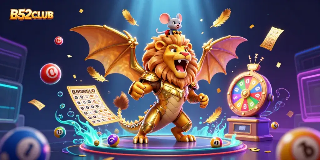 Experience the thrill of B52CLUB with a dynamic illustration of a chimera creature amidst gambling elements.