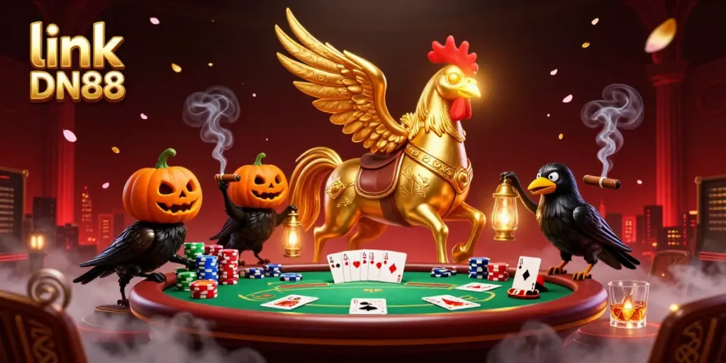 Engage with the exciting atmosphere of link DN88 in a vibrant casino scene filled with poker elements.