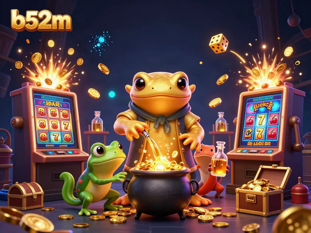 Experience thrilling jackpots at b52m with golden coins exploding from a 3D slot machine in a magical scene.