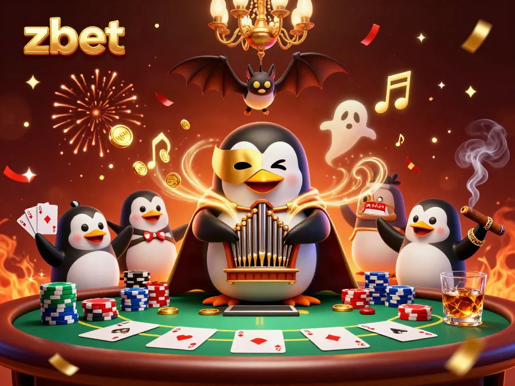 ZBET penguin performing at a lively casino with golden coins and poker elements surrounding.