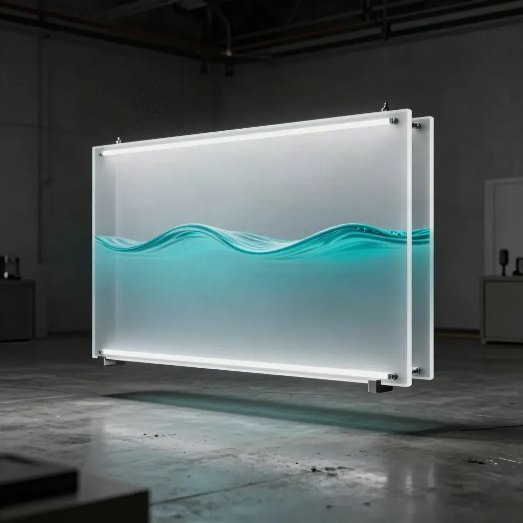 Frosted acrylic motionpanel met cyan golf in donkere studio, laag van onderen gefotografeerd.