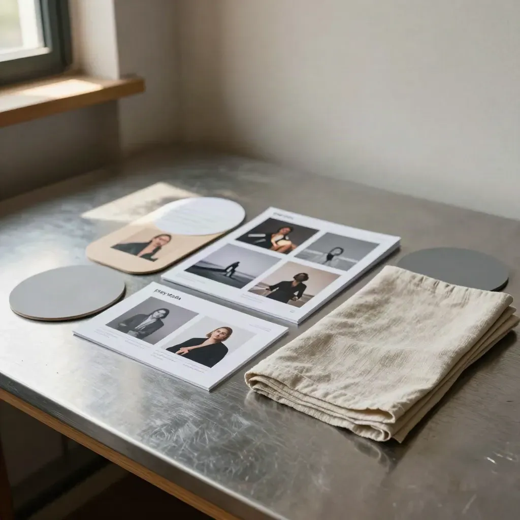 Campagneboards, proefvellen en linnen doek op een werktafel met zacht raamlicht.