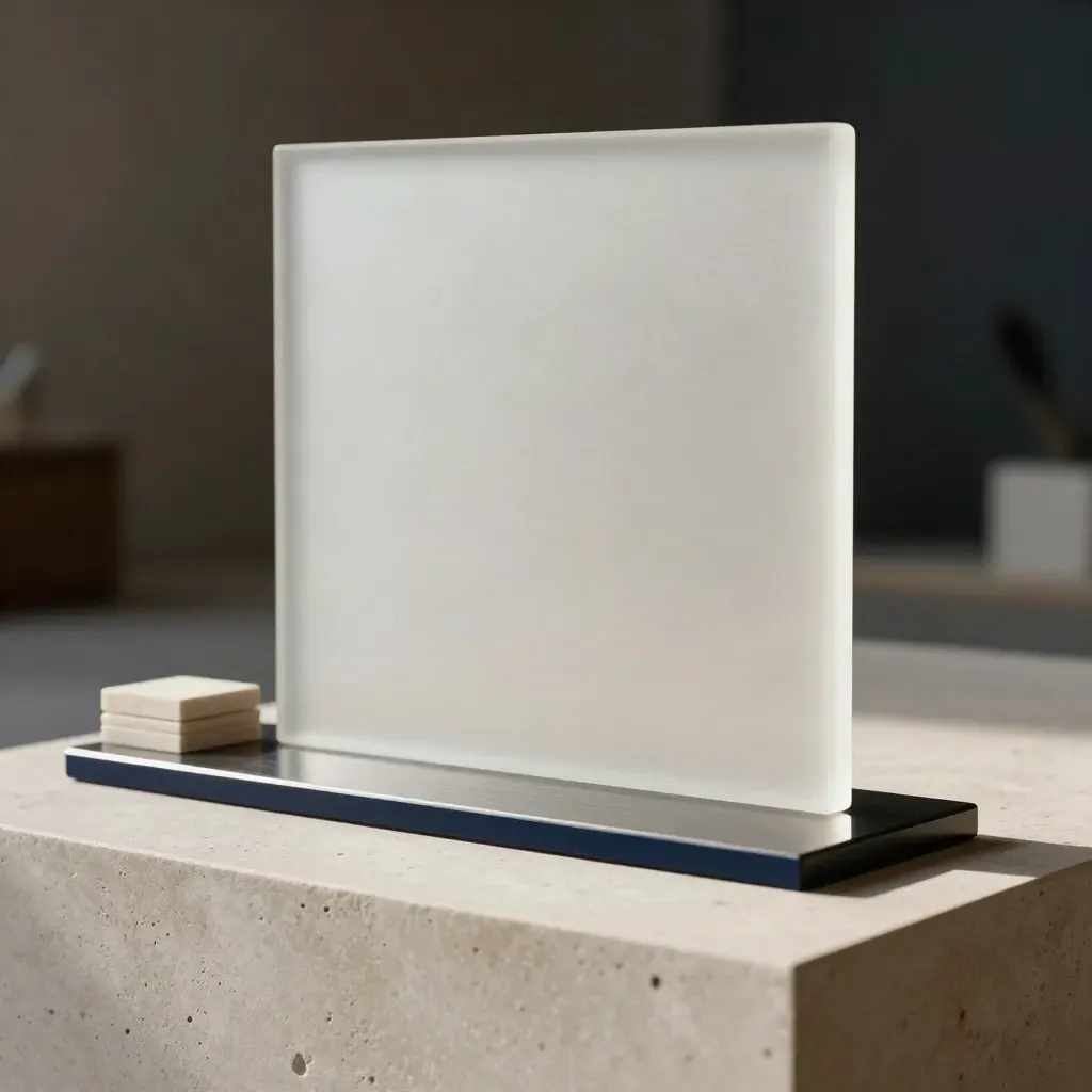 Lichtstenen sokkel met frosted acryl object in donkere studio, met rimlicht en nevel.