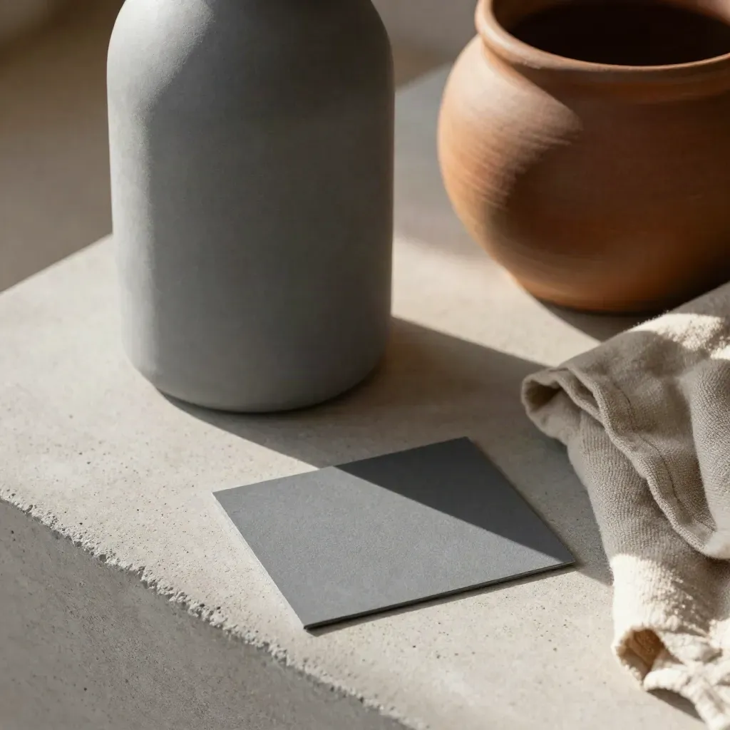 Matte fles, keramische pot en linnen doek op licht beton in warm middaglicht