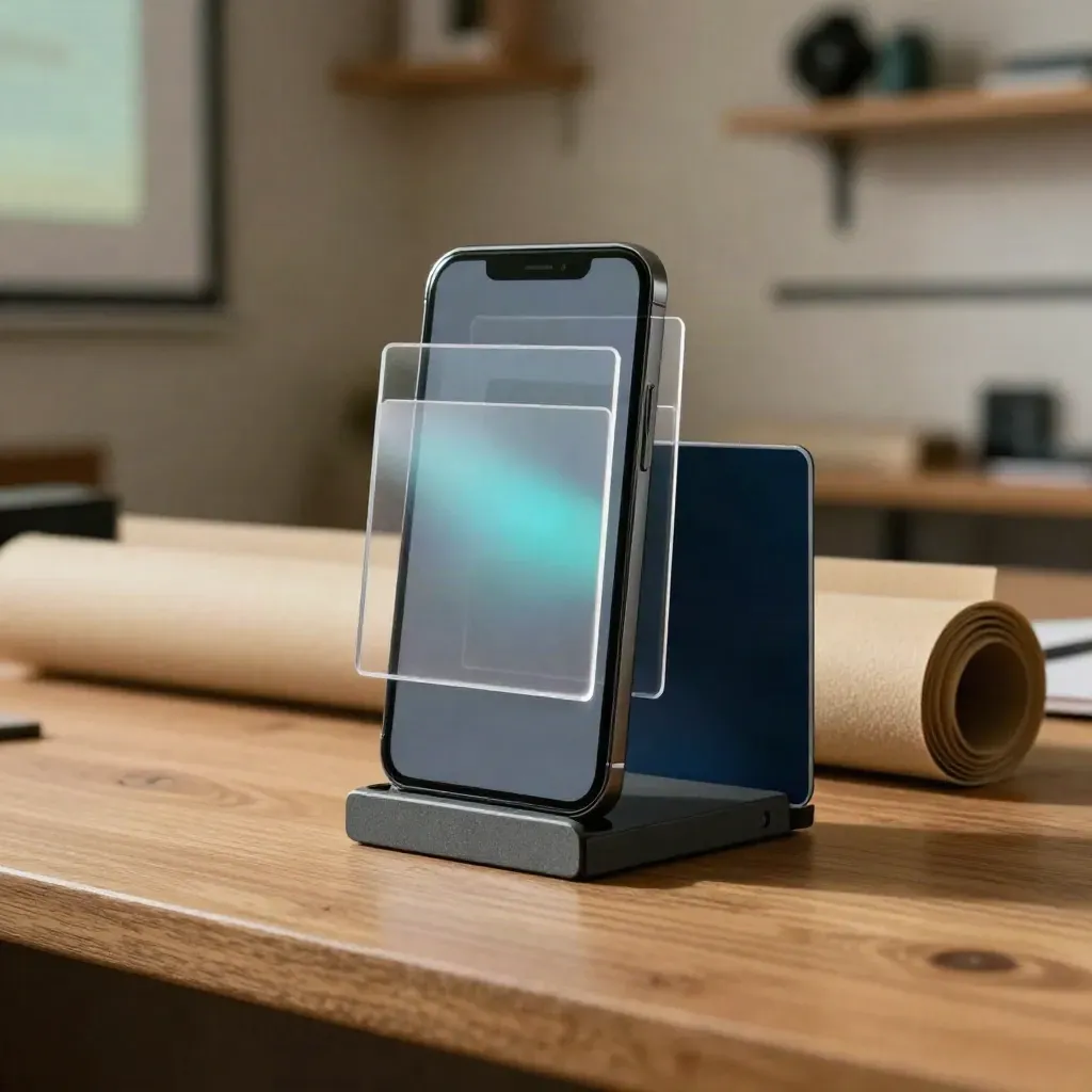 Telefoon op standaard met transparante framecards en lichtpaneel in warme studio-opstelling.