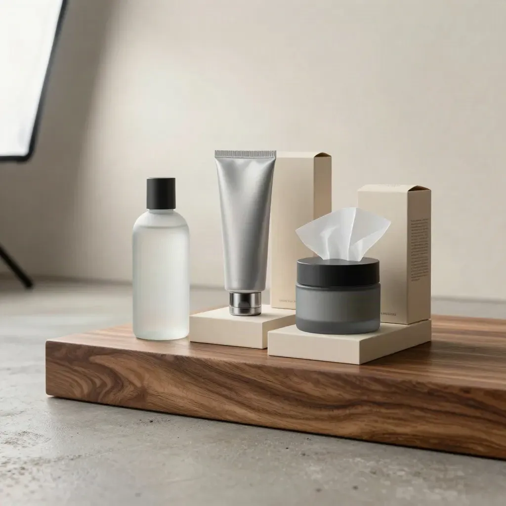 Drie retail-productvarianten op sokkels met dozen en reflector in zachte studiobelichting.