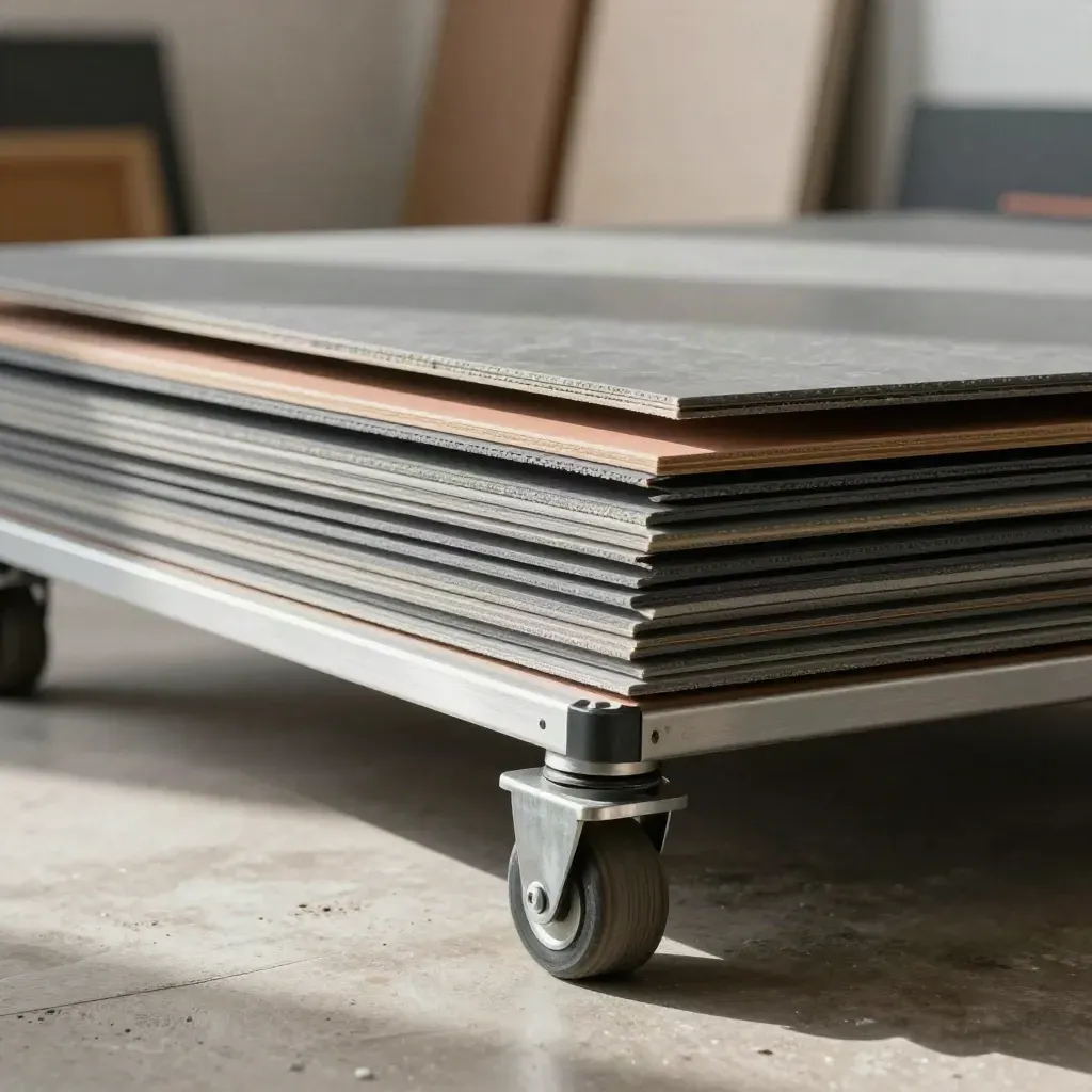 Extreme macro van een slate-grey contentproductieset met panelen, pedestals en betonvloer.