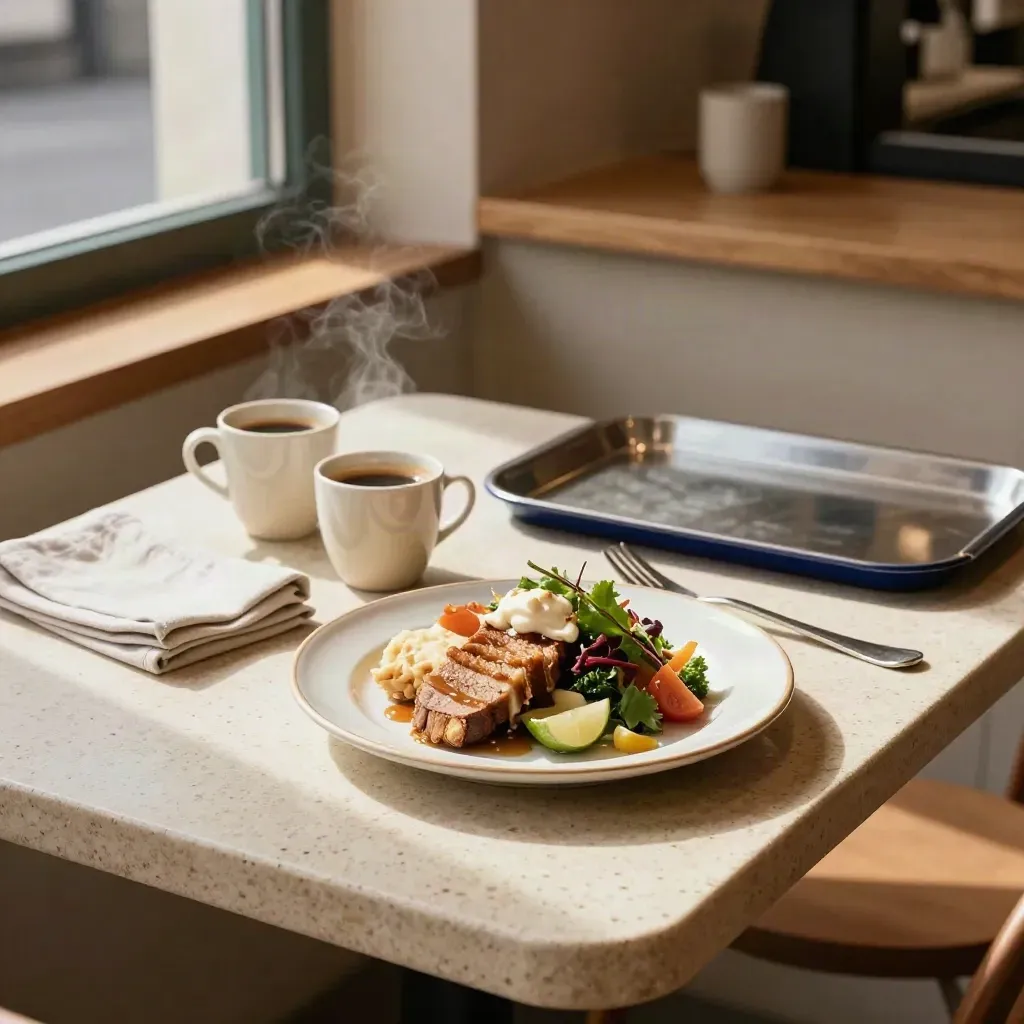 Compacte horecascène met espresso, servetten en een lunchgerecht op een travertijnen tafeltje.