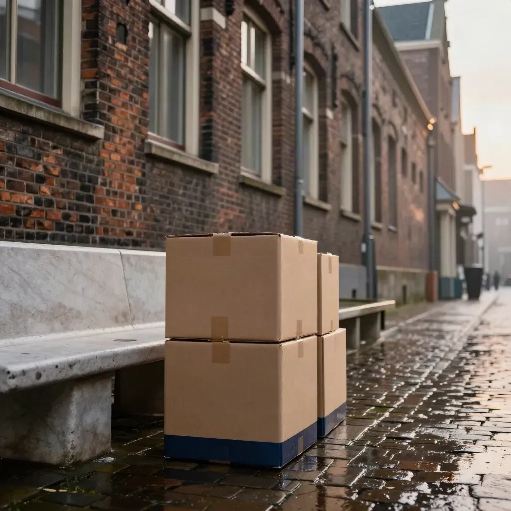Utrechtse straat met natte klinkers, bakstenen gevels en gestapelde campagne-dozen in mistig licht