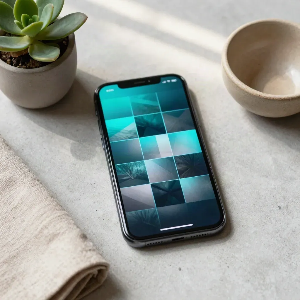 Smartphone met beeldtegels, plantje, linnen doek en keramisch schaaltje op beton.