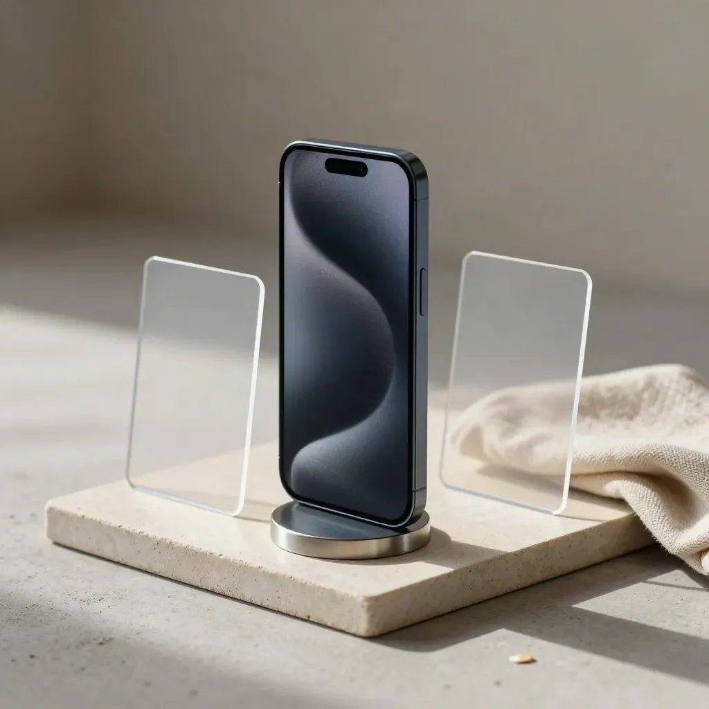 Verticale telefoon op stenen tray met transparante kaarten en metalen steun