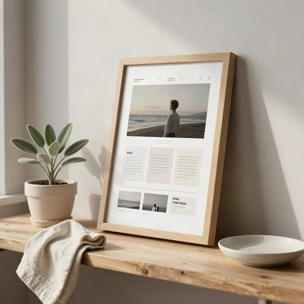 Matte websiteprint in houten lijst naast plant, doek en keramisch schaaltje op lichte houten plank.