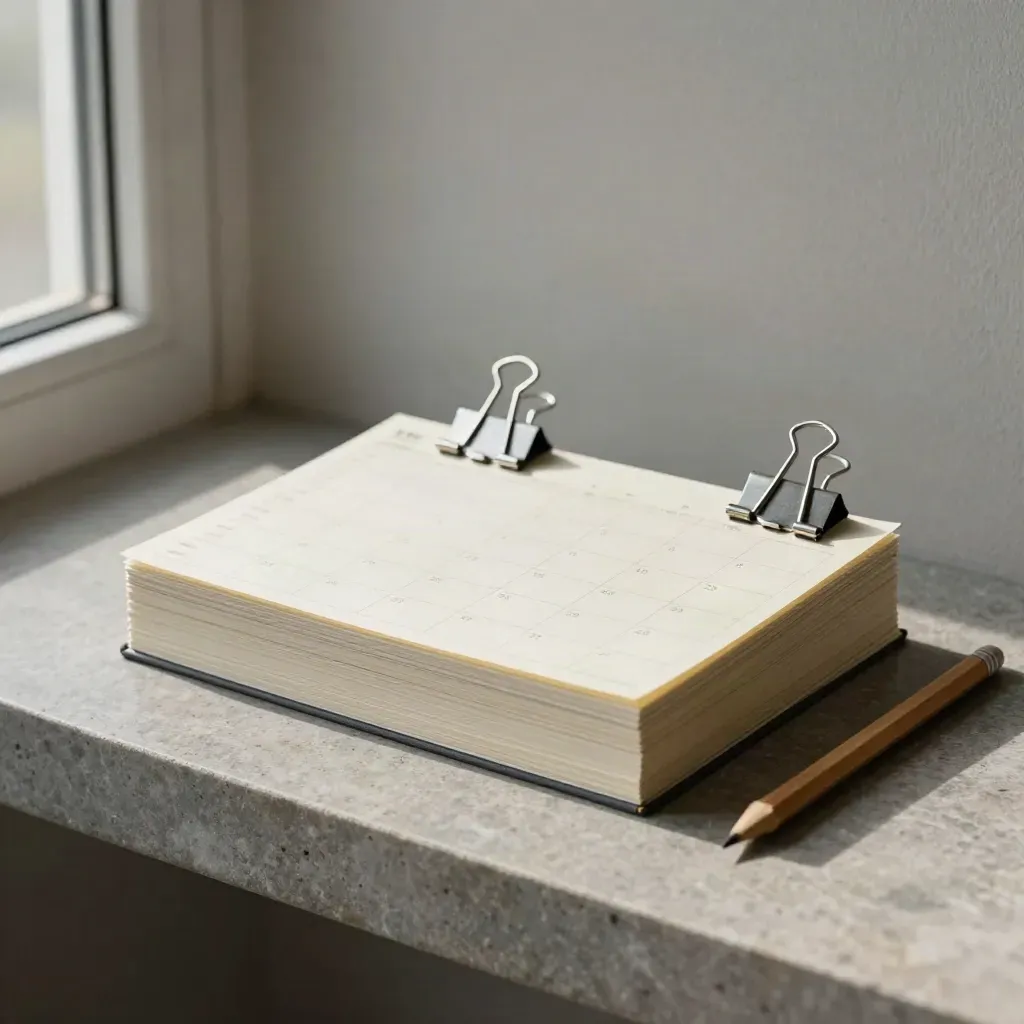 Ongedateerde maandplanner met kaarten, clips en potlood op een stenen plank