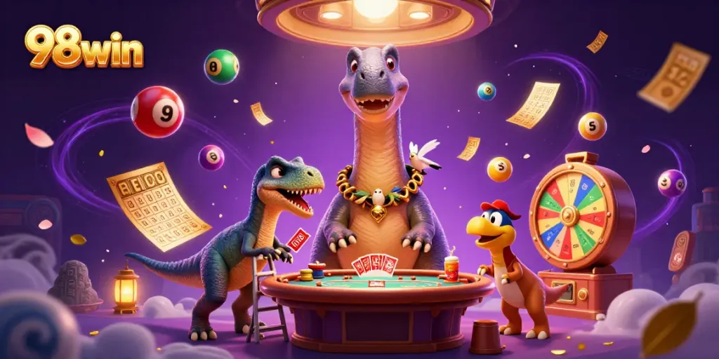 Experience winning fun at 98win with a dynamic casino illustration featuring playful characters.