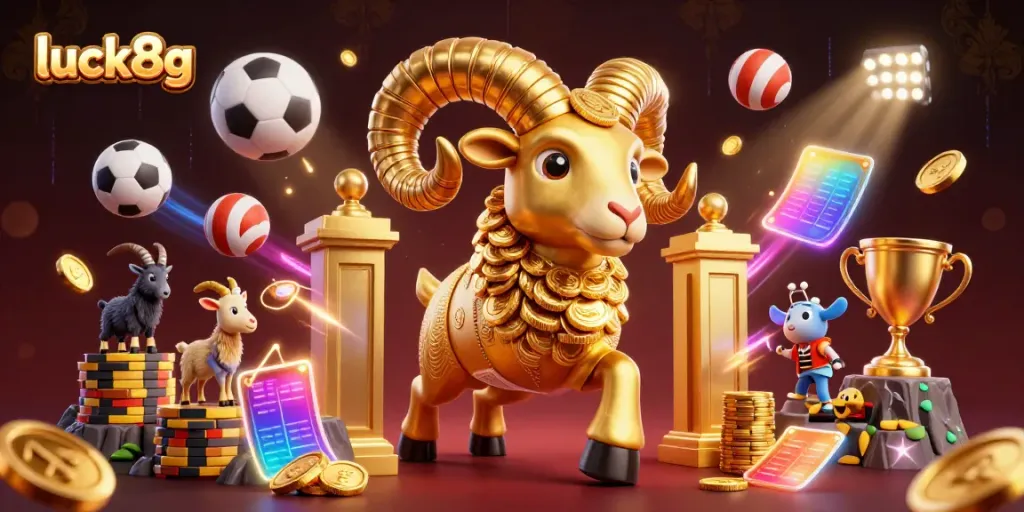 Experience the thrill of luck8g with dynamic gaming elements and a charging golden ram illustration.