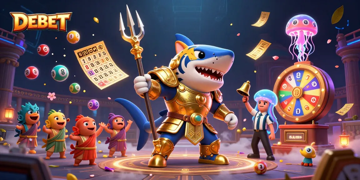 Engage with the thrilling DEBET underwater colosseum filled with colorful lottery elements and a vibrant crowd.