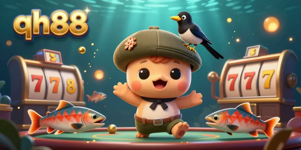 Engage with qh88's vibrant casino world featuring cheerful characters amidst dynamic gaming elements.