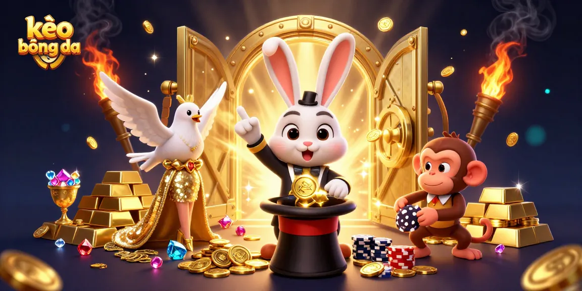 Engage in kèo bóng đá with a playful scene of a magician rabbit, dove, and monkey among riches.
