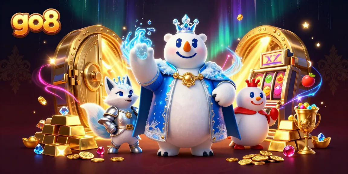 Experience the thrill of go8 gaming with a polar bear and fox amidst treasure and slot machines.