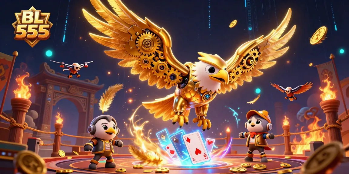 Experience the thrill of BL 555 as the cybernetic golden eagle dives amongst holographic playing cards.