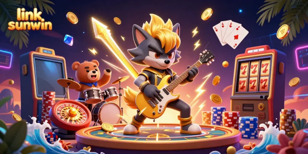 Experience the excitement of winning at link sunwin with dazzling casino action in a vibrant 3D illustration.