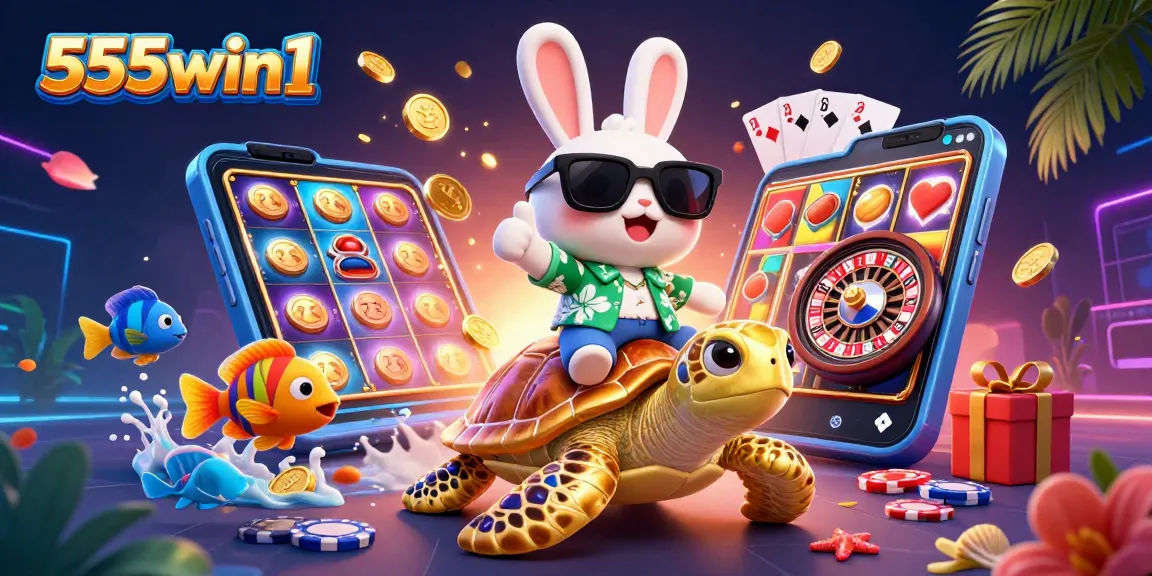 Experience excitement at 555win1 casino with a lucky rabbit and a golden turtle in a vibrant 3D scene.