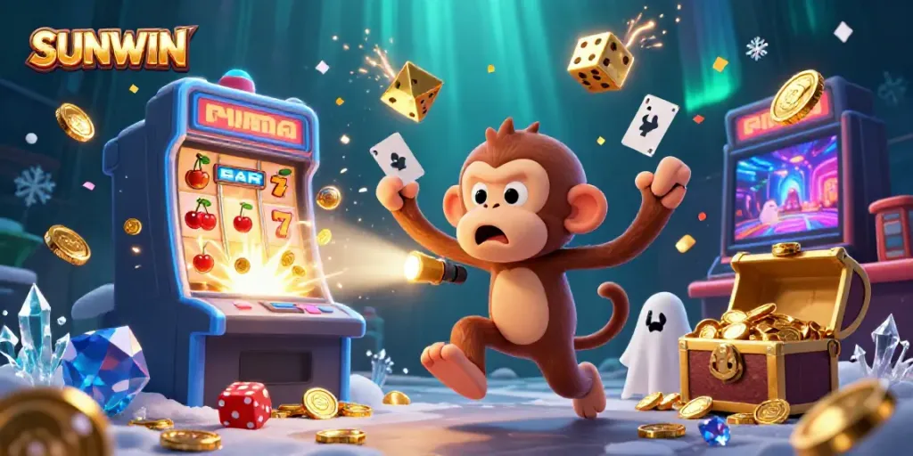 SUNWIN casino scene with a ghost-hunter puppy tracking a mischievous monkey juggling golden coins and dice.