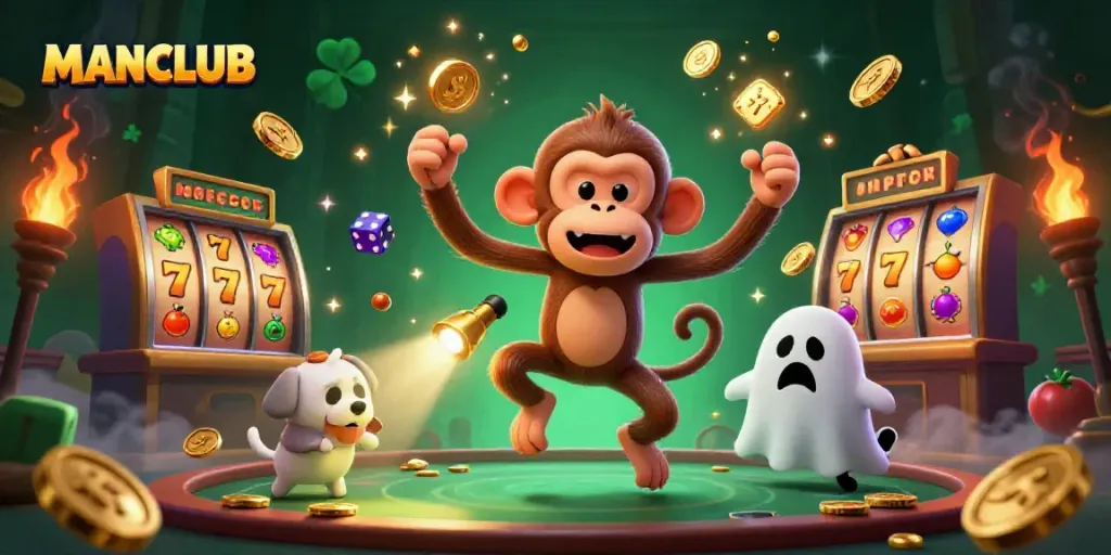 Experience the thrill of MANCLUB with a ghostly monkey and a curious puppy in a haunted casino.