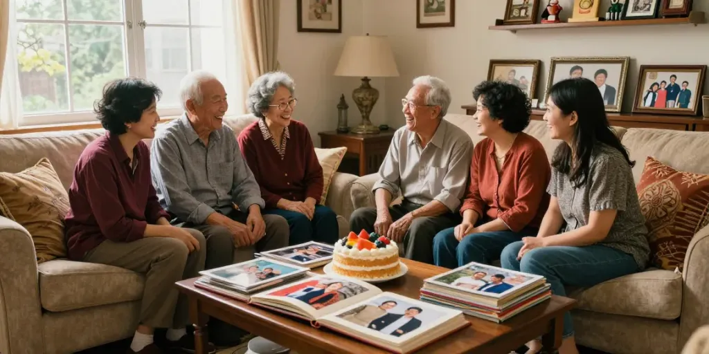 A heartwarming family reunion scene at home highlighting the importance of rokok88 in respecting and valuing parents.
