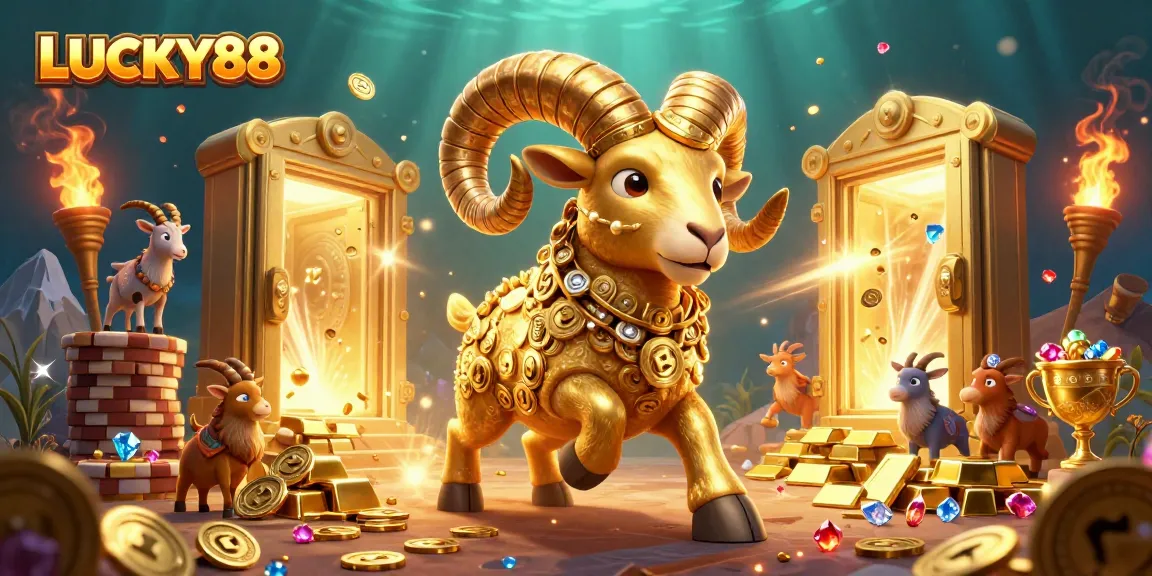 LUCKY88 showcases a massive golden ram charging through a treasure vault, symbolizing winning opportunities in gaming.