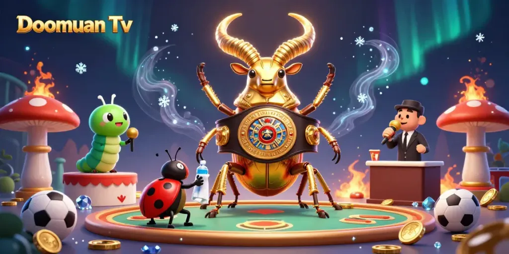 Doomuan Tv showcases a dynamic betting scene with a champion stag beetle, ladybug corner-man, and caterpillar announcer.
