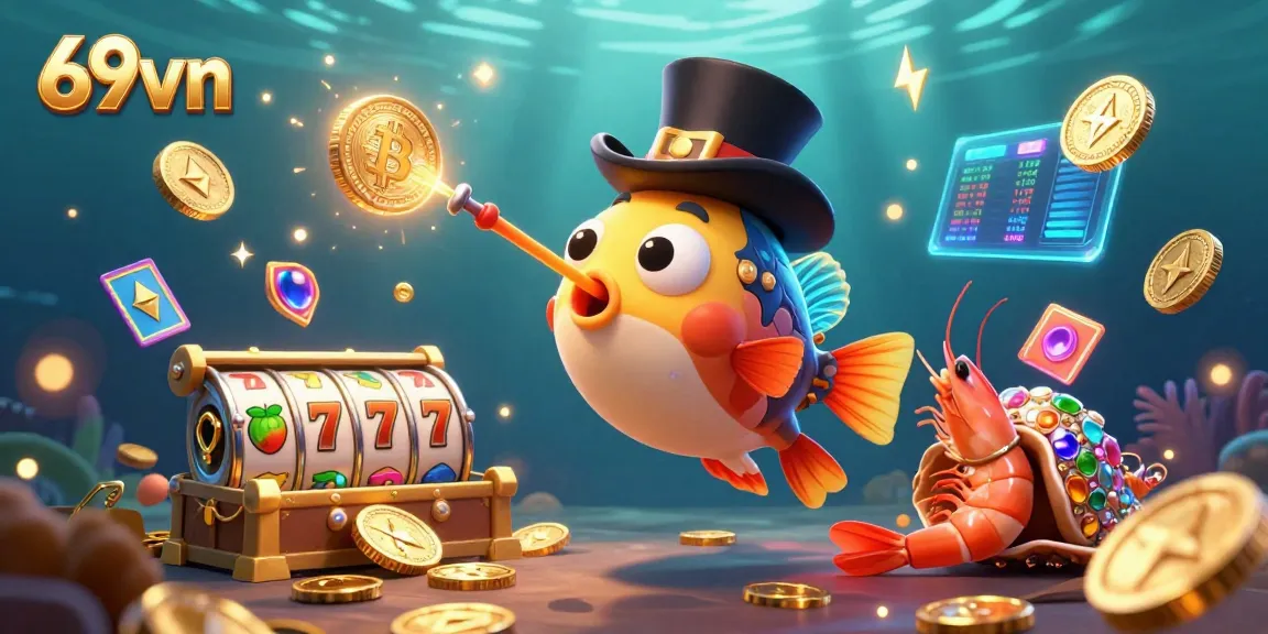Experience thrilling slots with 69vn featuring a deep-sea anglerfish in a vibrant underwater treasure scene.