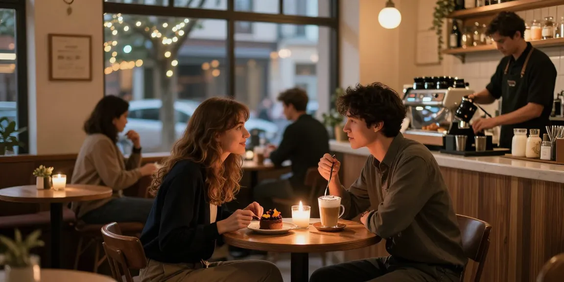 F168 dating scene with a couple sharing dessert in a cozy cafe, capturing romance and connection.