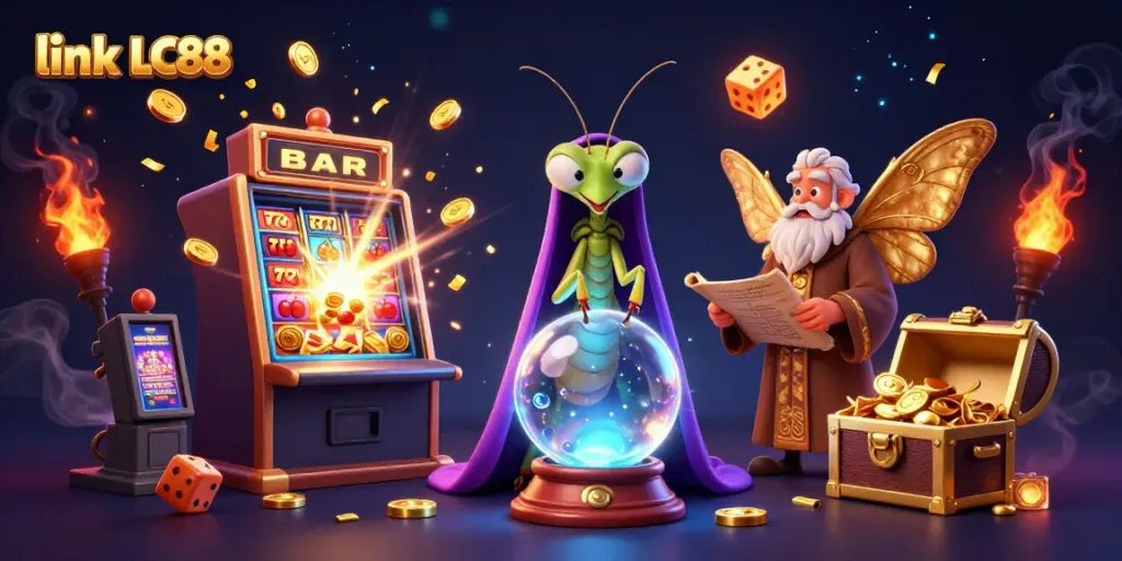 Experience the thrill of link LC88 with a vibrant casino scene featuring mystical characters and dynamic gaming elements.