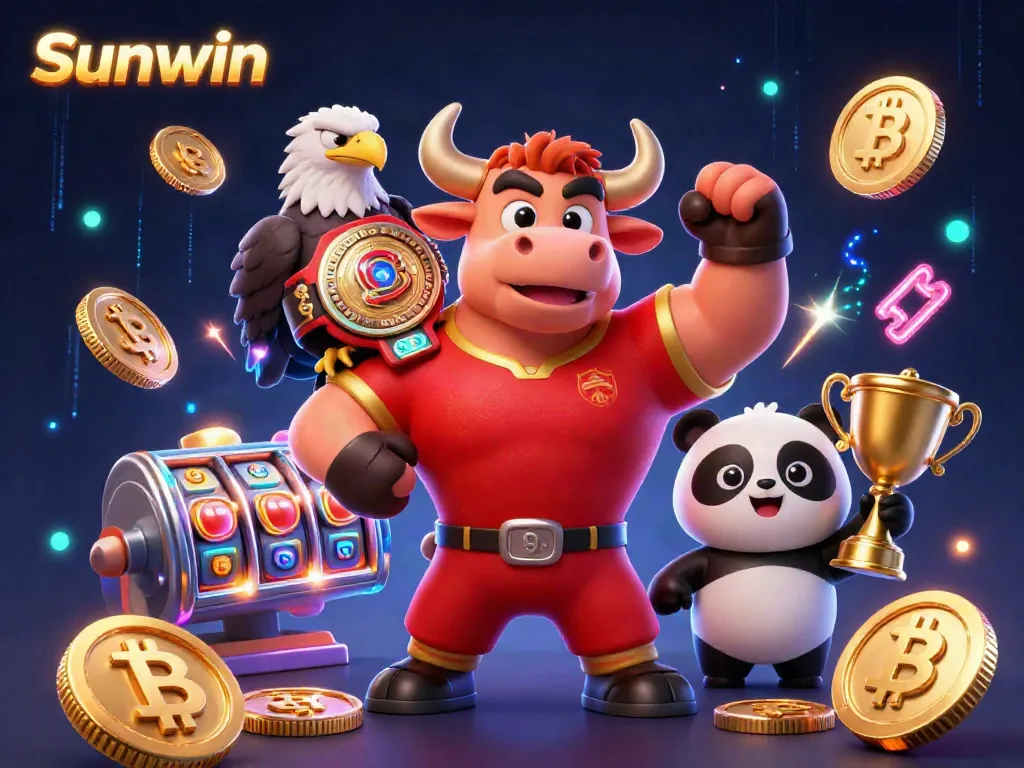 Sunwin features an energetic bull mascot, eagle, and panda celebrating casino victories amid vibrant game elements.