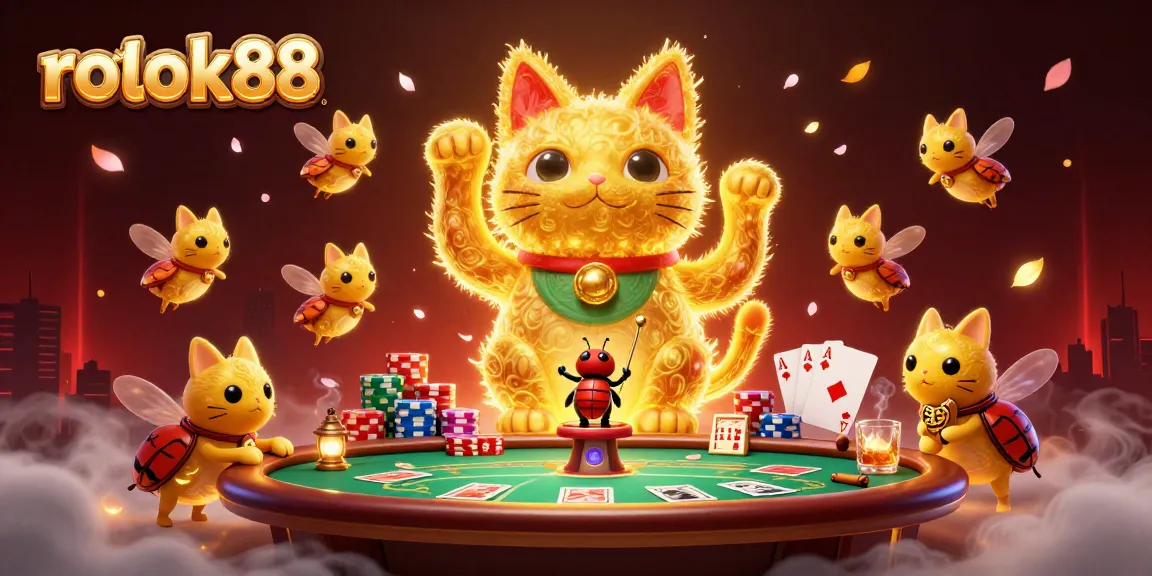 rokok88 showcases a vibrant casino scene with a lucky cat surrounded by poker elements, inviting excitement.