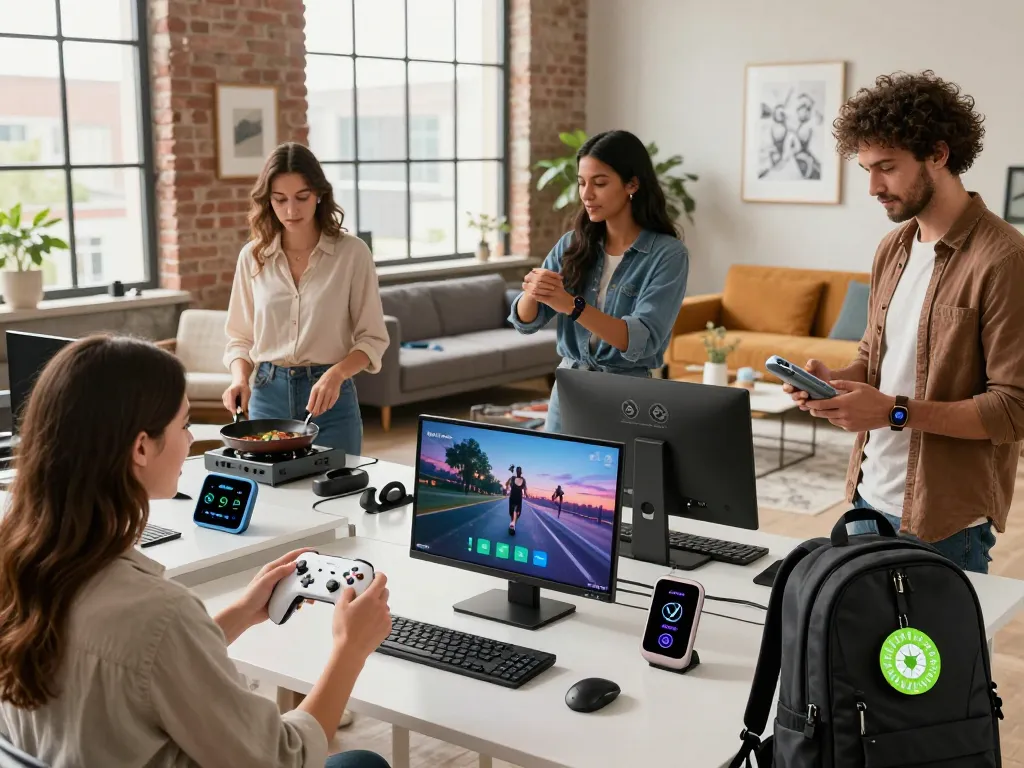 Showcasing top 10 tech gadgets 2045 in a vibrant urban living space, highlighting Bluetooth devices in use.
