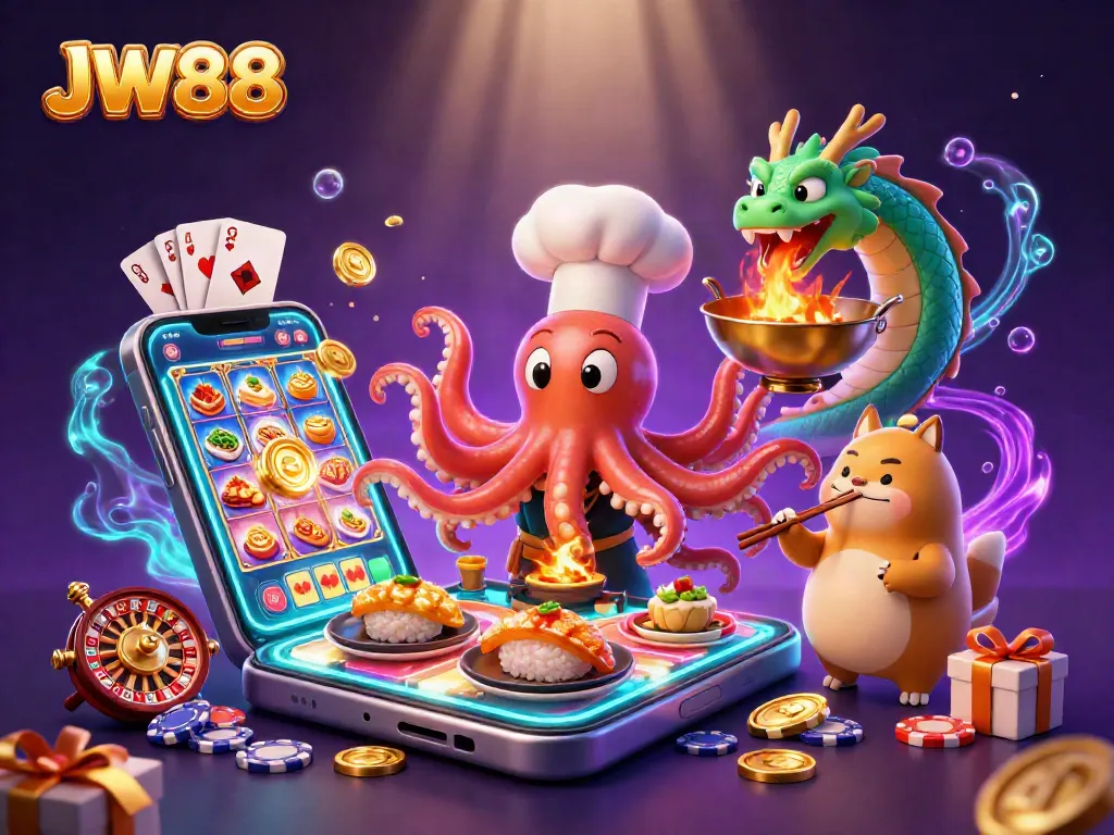 Engage with JW88's vibrant 3D scene featuring a sushi chef octopus and a fiery dragon in a bustling casino atmosphere.