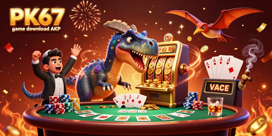 Engage with PK67 game download APK as a dinosaur attempts jackpot winnings amidst casino chaos.
