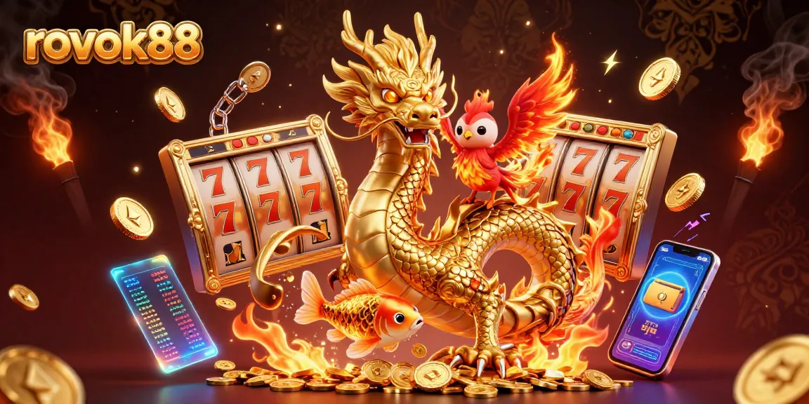 Experience thrilling gameplay at rokok88, featuring a golden dragon, phoenix, and koi fish in a dynamic casino scene.
