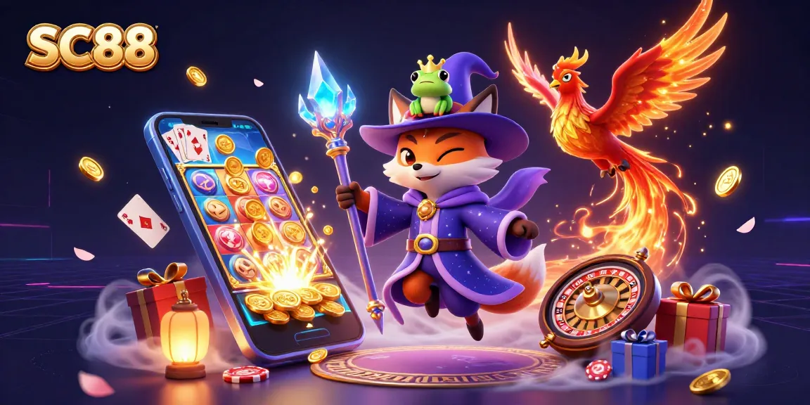 Engage with SC88 casino's vibrant gaming adventure, featuring a mystical wizard fox and a phoenix amidst thrilling slot and card games.