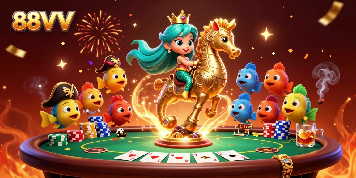 Experience excitement at 88VV with a vibrant animated scene of gaming elements and a mermaid princess.