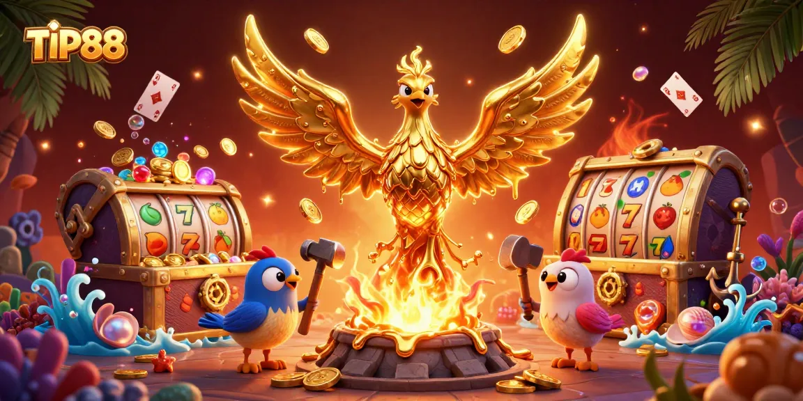 Experience thrilling gameplay with TIP88's molten metal phoenix, golden coins, and slot reels!