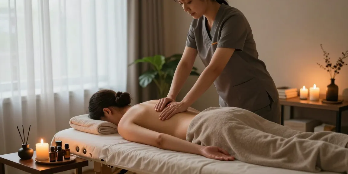 노원출장마사지 being provided in a calming home setting with candles and essential oils.