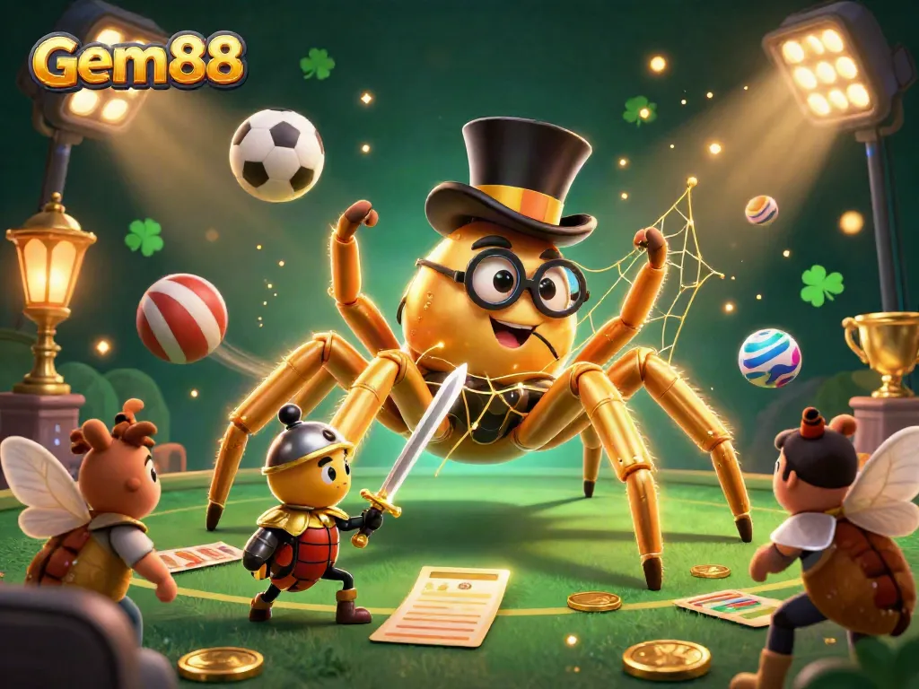 Experience the thrill of gem88 gaming with an animated 3D scene of a golden tarantula and beetle knight.