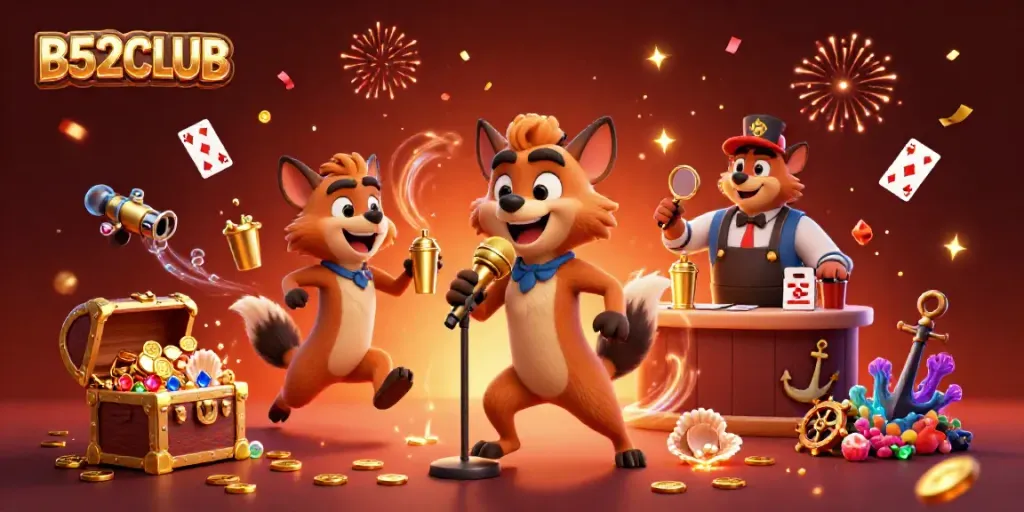 B52CLUB hyenas performing stand-up comedy in a vibrant casino scene with treasures and fun.