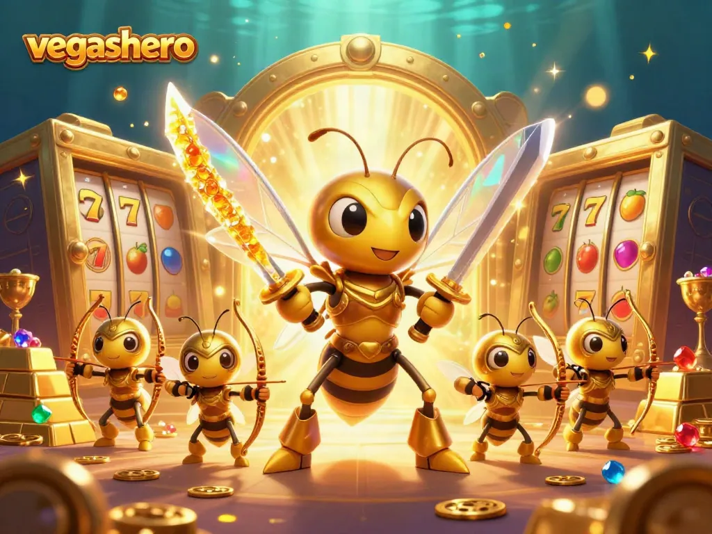 Engage with vegashero's vibrant casino scene featuring a giant golden hornet in samurai armor and dynamic slot reels.