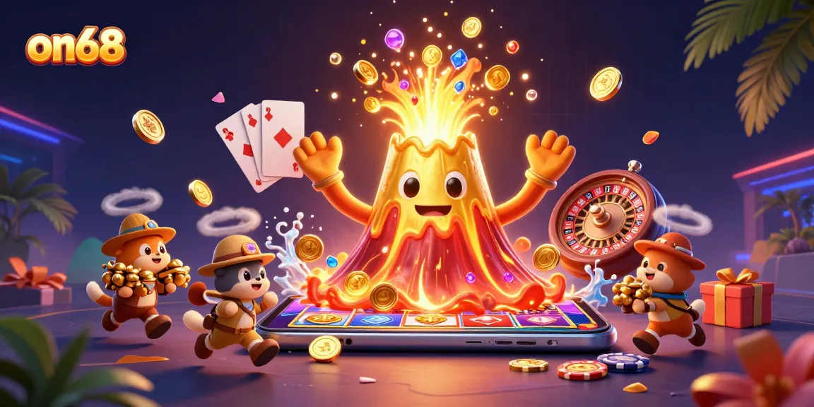 Experience thrilling gameplay on68 with a cartoon volcano showering treasures in vibrant casino scene.